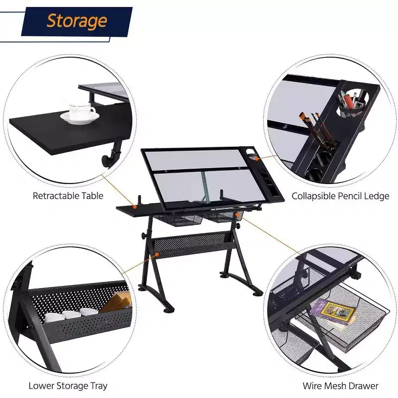Glass Drafting Table, Height Adjustable Art Desk, Artwork Drawing Drafting Table with 2 Storage Drawers, Stool for Home Office