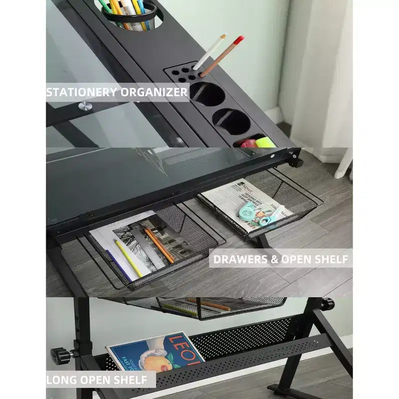 Glass Drafting Table, Height Adjustable Art Desk, Artwork Drawing Drafting Table with 2 Storage Drawers, Stool for Home Office