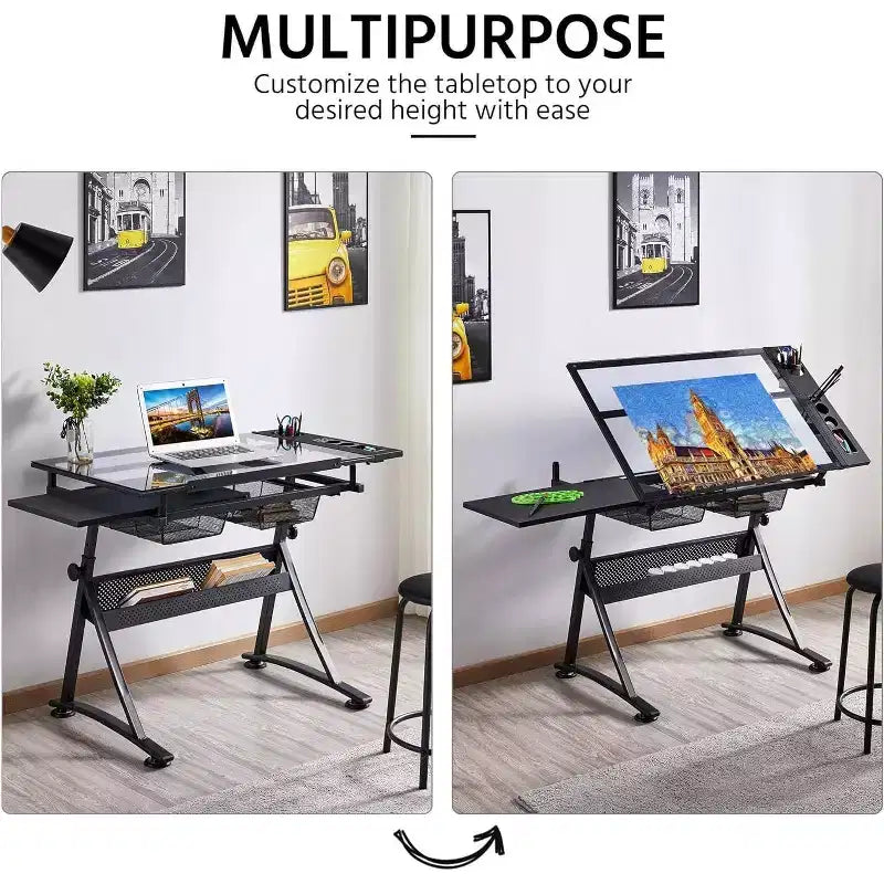Glass Drafting Table, Height Adjustable Art Desk, Artwork Drawing Drafting Table with 2 Storage Drawers, Stool for Home Office