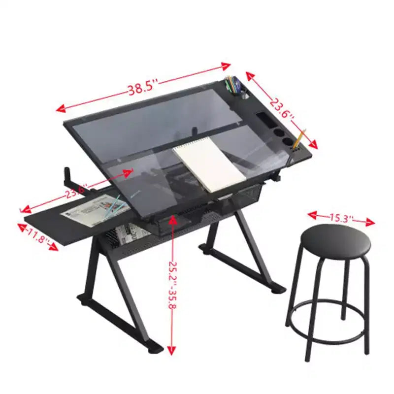 Glass Drafting Table, Height Adjustable Art Desk, Artwork Drawing Drafting Table with 2 Storage Drawers, Stool for Home Office