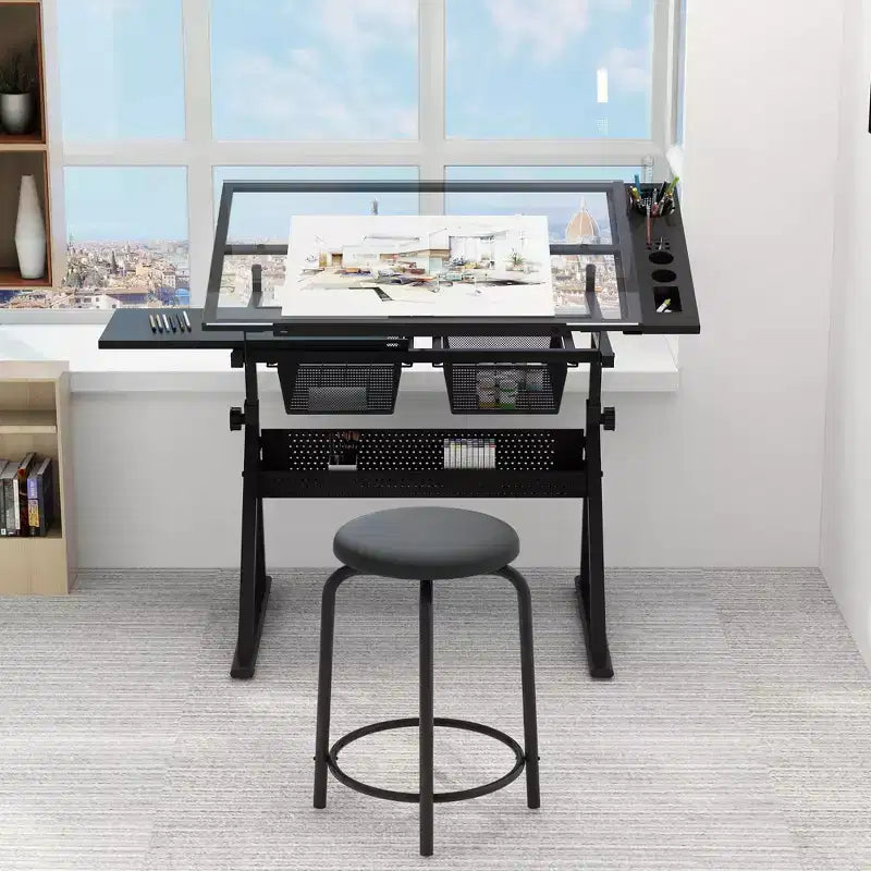 Glass Drafting Table, Height Adjustable Art Desk, Artwork Drawing Drafting Table with 2 Storage Drawers, Stool for Home Office