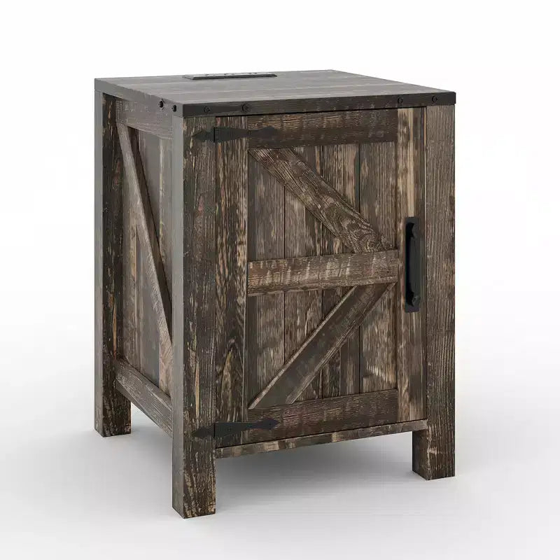Rustic Farmhouse Nightstand with Charging Station & Barn Door 18 Two-Tier Bedside Table with Adjustable Shelf for Bedroom