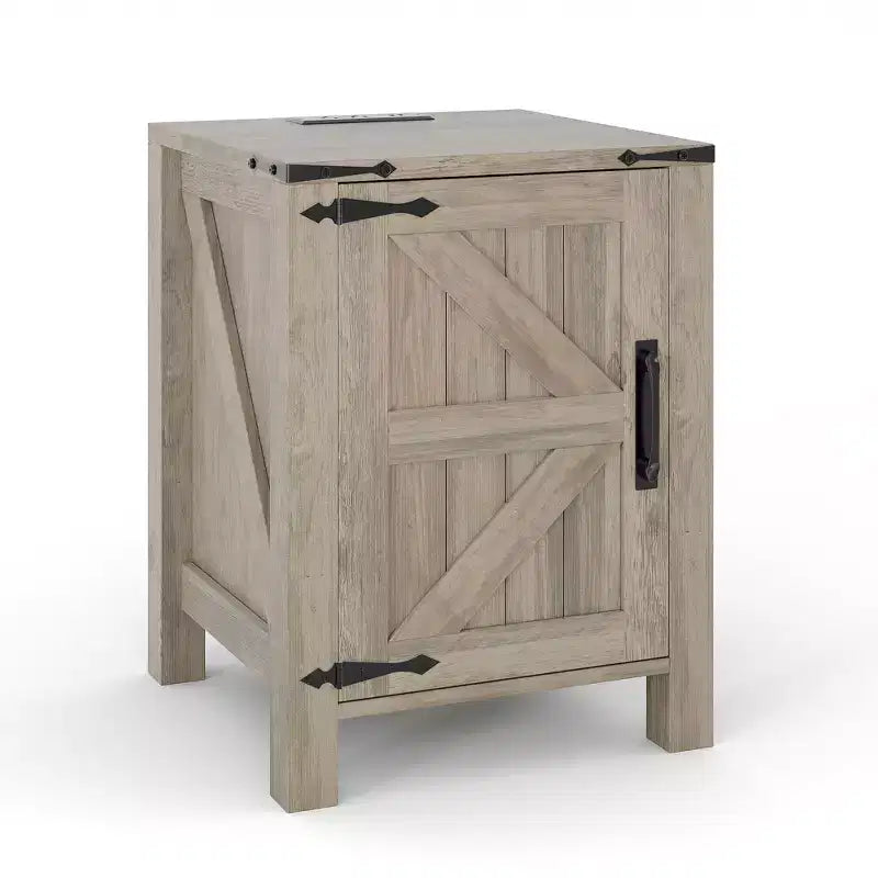 Rustic Farmhouse Nightstand with Charging Station & Barn Door 18 Two-Tier Bedside Table with Adjustable Shelf for Bedroom