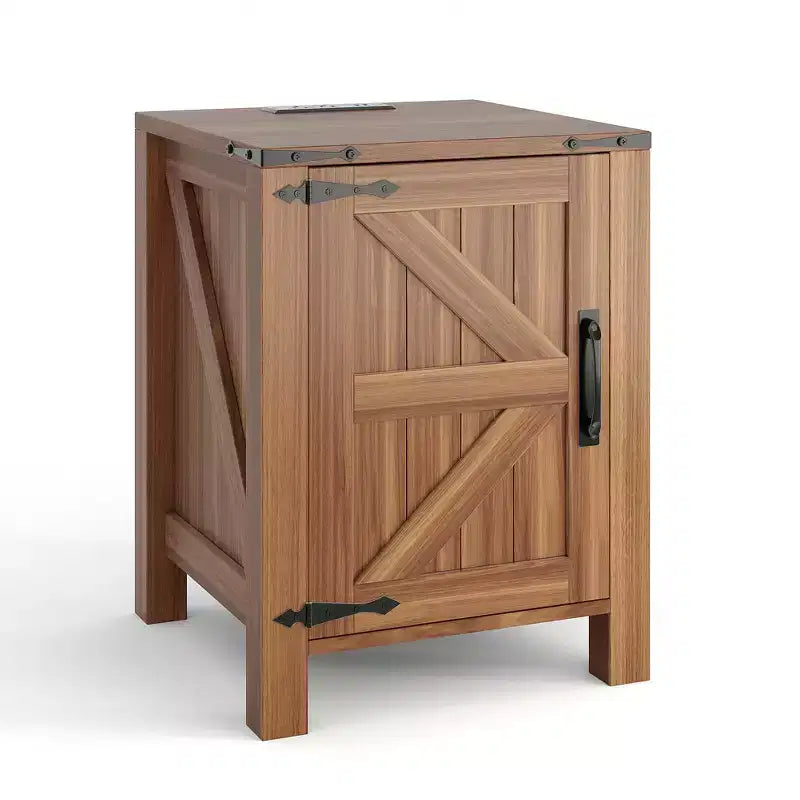 Rustic Farmhouse Nightstand with Charging Station & Barn Door 18 Two-Tier Bedside Table with Adjustable Shelf for Bedroom