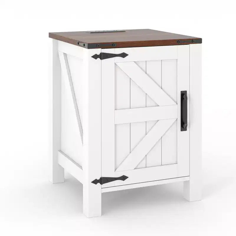 Rustic Farmhouse Nightstand with Charging Station & Barn Door 18 Two-Tier Bedside Table with Adjustable Shelf for Bedroom