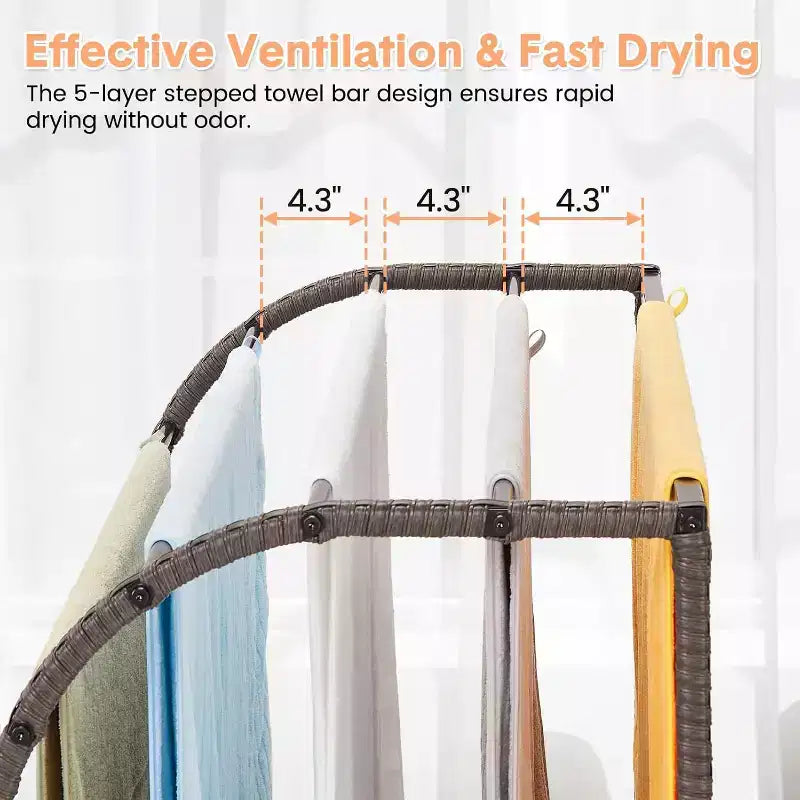 COZONY Freestanding Poolside Towel Rack, Half-Rattan Base w/ 5 Bars & Storage, for Outdoor/Indoor