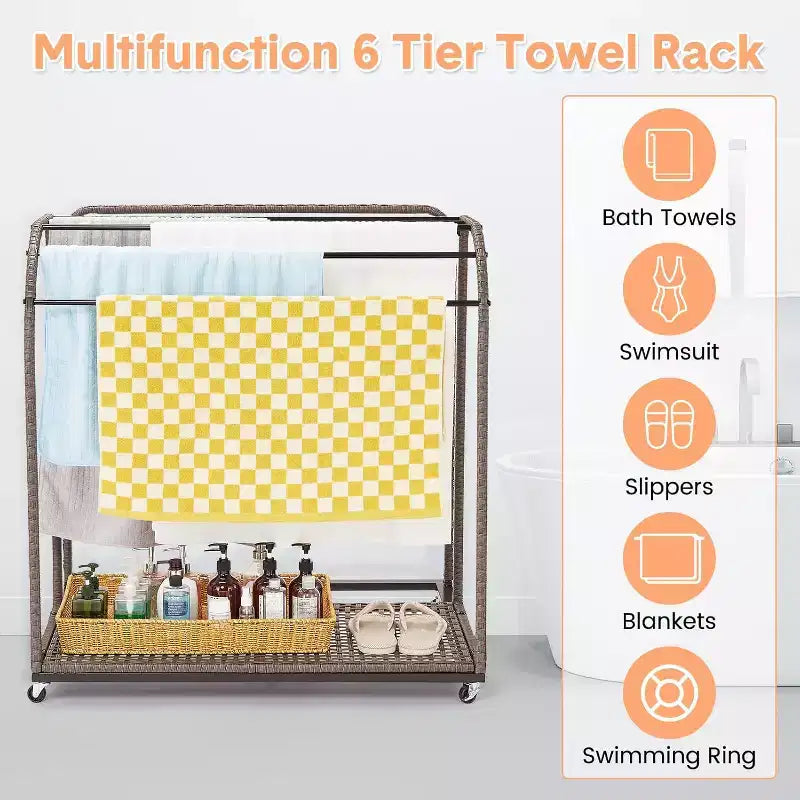 COZONY Freestanding Poolside Towel Rack, Half-Rattan Base w/ 5 Bars & Storage, for Outdoor/Indoor