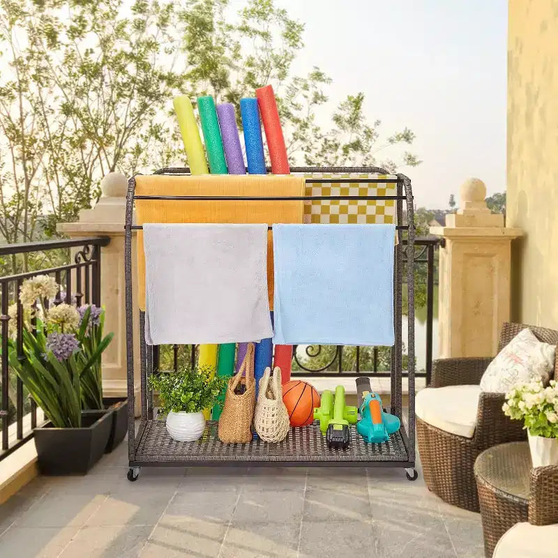 COZONY Freestanding Poolside Towel Rack, Half-Rattan Base w/ 5 Bars & Storage, for Outdoor/Indoor