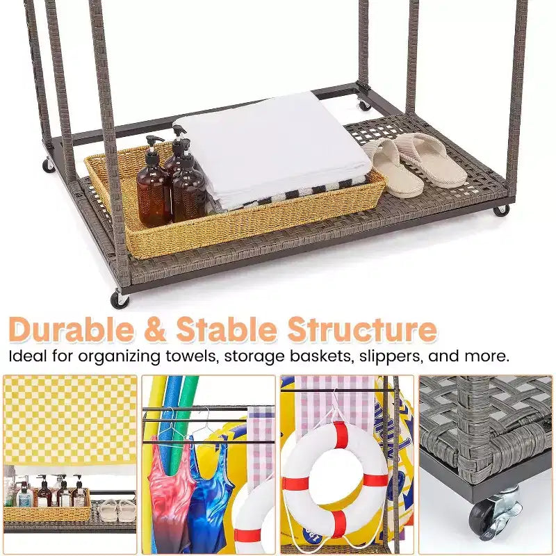 COZONY Freestanding Poolside Towel Rack, Half-Rattan Base w/ 5 Bars & Storage, for Outdoor/Indoor