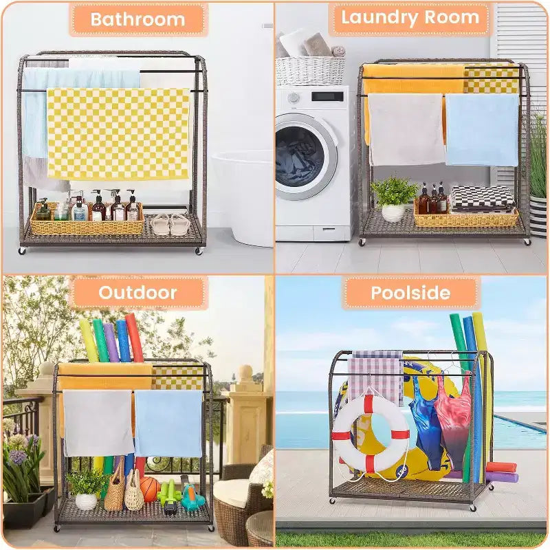 COZONY Freestanding Poolside Towel Rack, Half-Rattan Base w/ 5 Bars & Storage, for Outdoor/Indoor