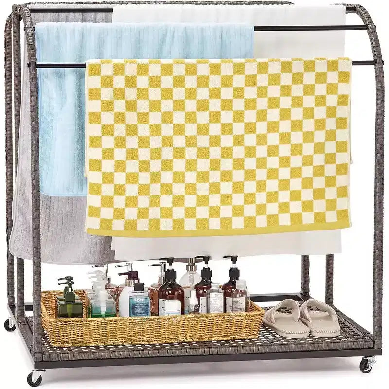 COZONY Freestanding Poolside Towel Rack, Half-Rattan Base w/ 5 Bars & Storage, for Outdoor/Indoor