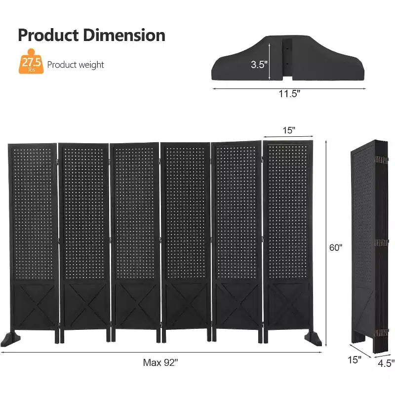 VINGLI Freestanding Pegboard with Support Feet, 5 FT Wood Room Divider &Board Organizer, Folding Privacy Screen Partition Space Separator