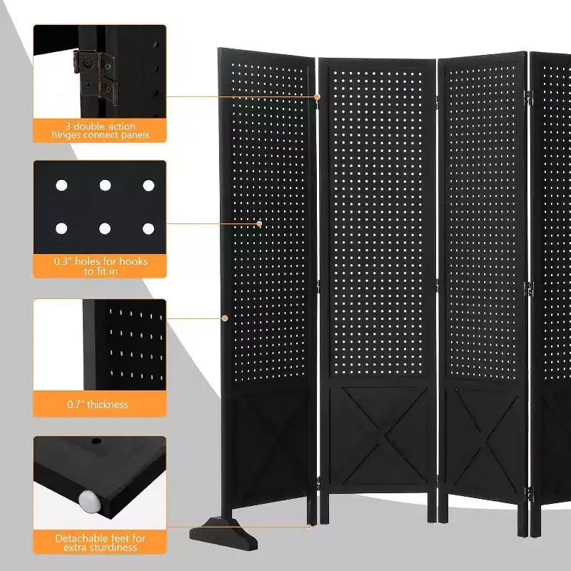 VINGLI Freestanding Pegboard with Support Feet, 5 FT Wood Room Divider &Board Organizer, Folding Privacy Screen Partition Space Separator