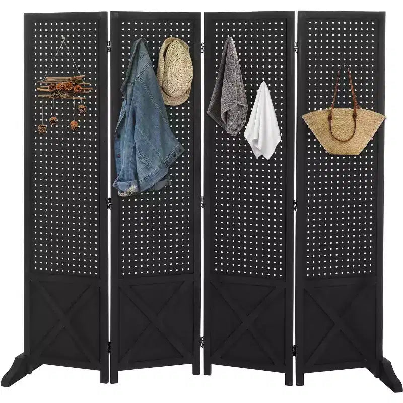 VINGLI Freestanding Pegboard with Support Feet, 5 FT Wood Room Divider &Board Organizer, Folding Privacy Screen Partition Space Separator