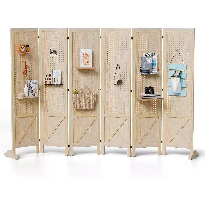 VINGLI Freestanding Pegboard with Support Feet, 5 FT Wood Room Divider &Board Organizer, Folding Privacy Screen Partition Space Separator