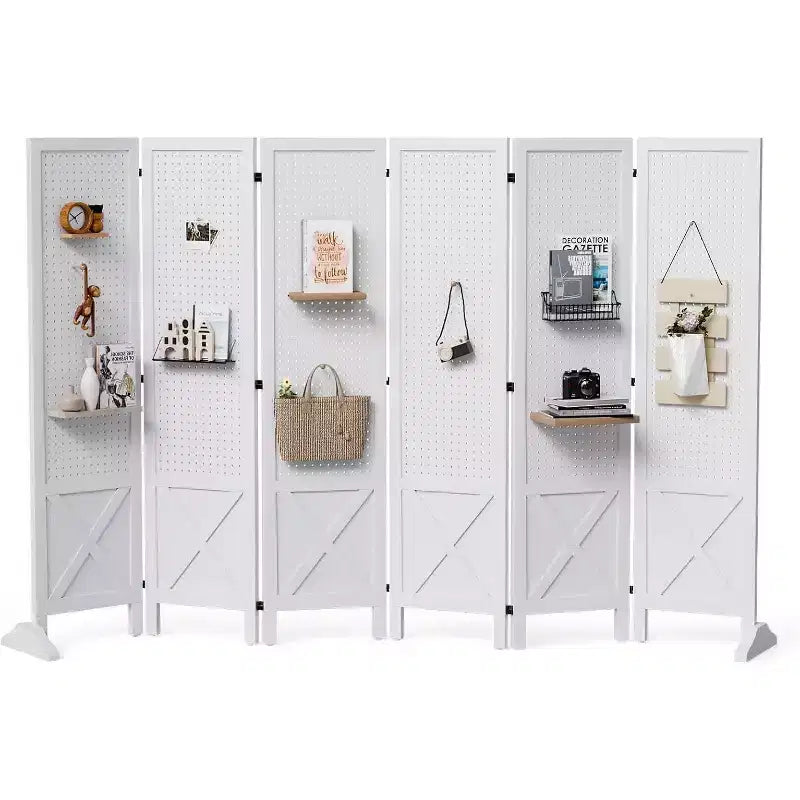 VINGLI Freestanding Pegboard with Support Feet, 5 FT Wood Room Divider &Board Organizer, Folding Privacy Screen Partition Space Separator