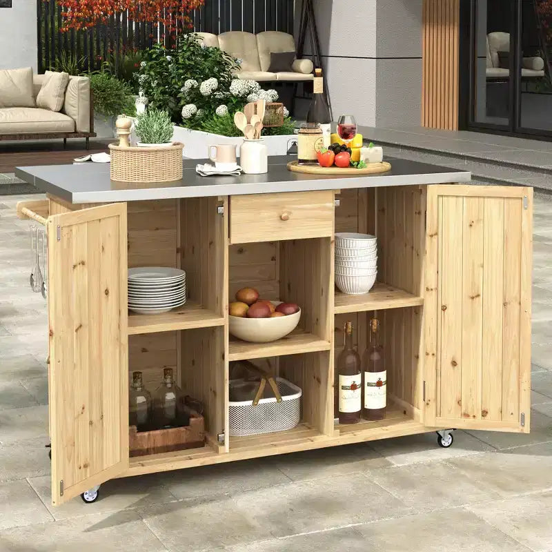 Outdoor Kitchen Storage Island Fir Wood Kitchen Island with Stainless Steel Top