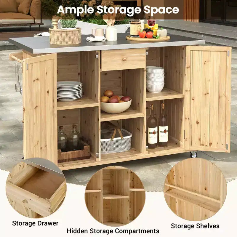 Outdoor Kitchen Storage Island Fir Wood Kitchen Island with Stainless Steel Top