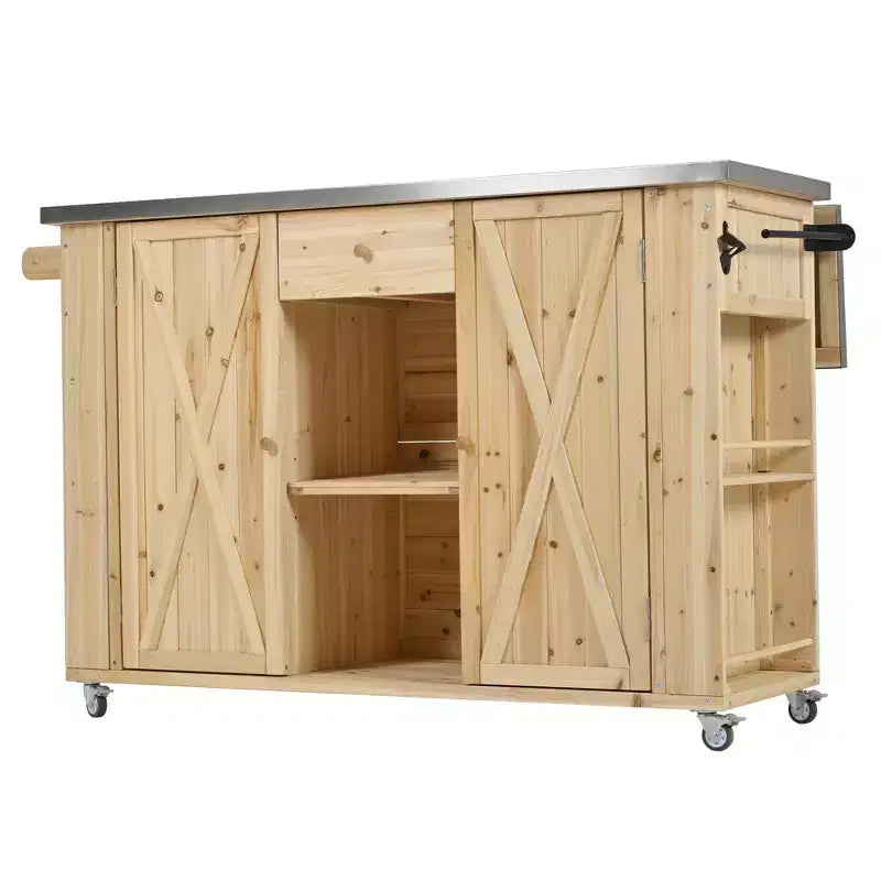 Outdoor Kitchen Storage Island Fir Wood Kitchen Island with Stainless Steel Top