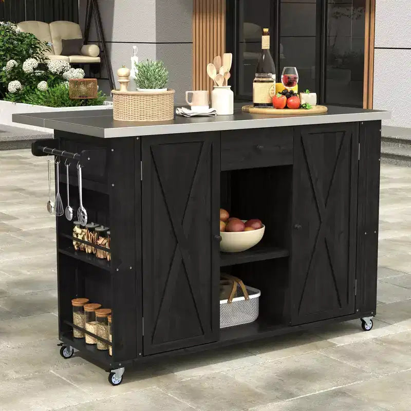 Outdoor Kitchen Storage Island Fir Wood Kitchen Island with Stainless Steel Top