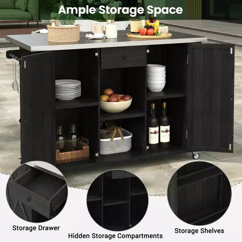 Outdoor Kitchen Storage Island Fir Wood Kitchen Island with Stainless Steel Top