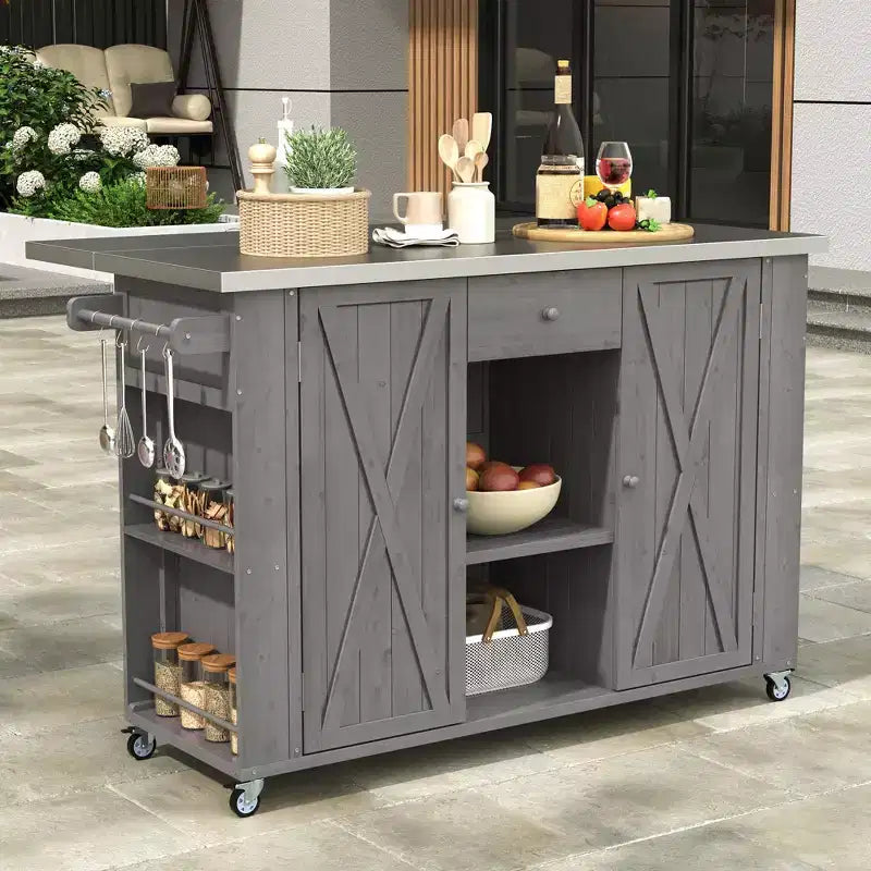 Outdoor Kitchen Storage Island Fir Wood Kitchen Island with Stainless Steel Top
