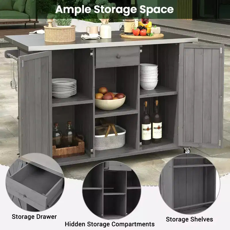 Outdoor Kitchen Storage Island Fir Wood Kitchen Island with Stainless Steel Top