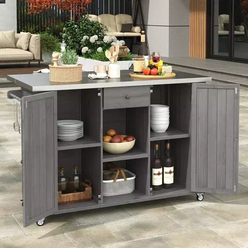 Outdoor Kitchen Storage Island Fir Wood Kitchen Island with Stainless Steel Top