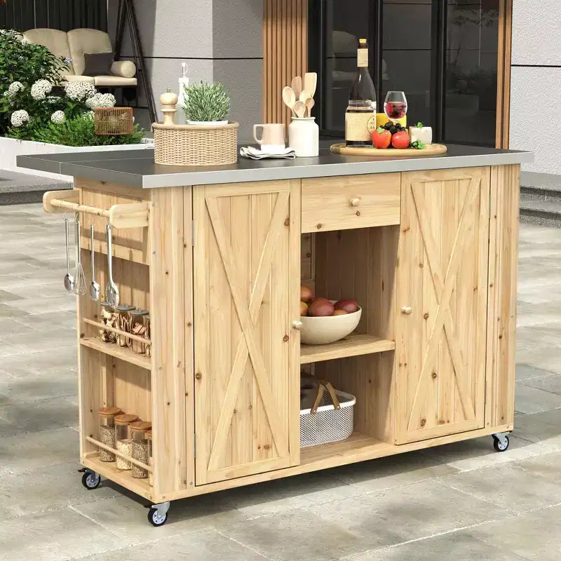 Outdoor Kitchen Storage Island Fir Wood Kitchen Island with Stainless Steel Top
