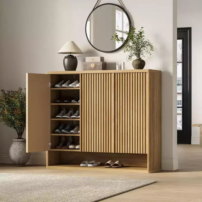 46 Large Shoe Storage Cabinet with Fluted Door & Adjustable Shelves, Holds 30-35 Pairs, Wooden Entryway Shoe Organizer for Living Room