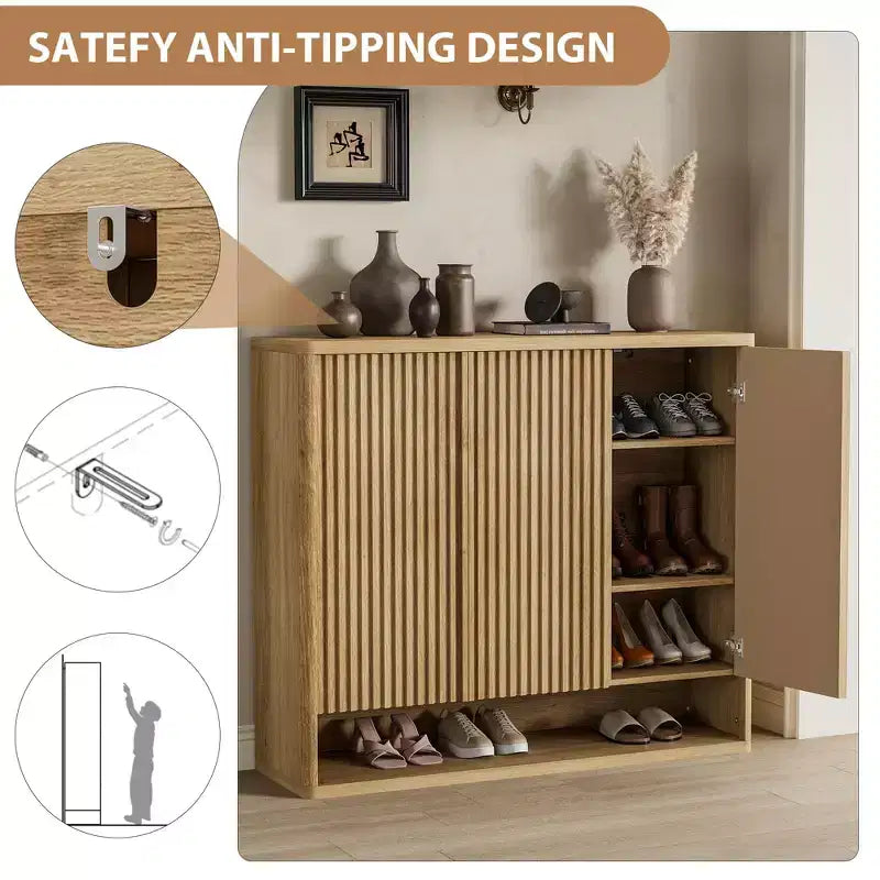 46 Large Shoe Storage Cabinet with Fluted Door & Adjustable Shelves, Holds 30-35 Pairs, Wooden Entryway Shoe Organizer for Living Room