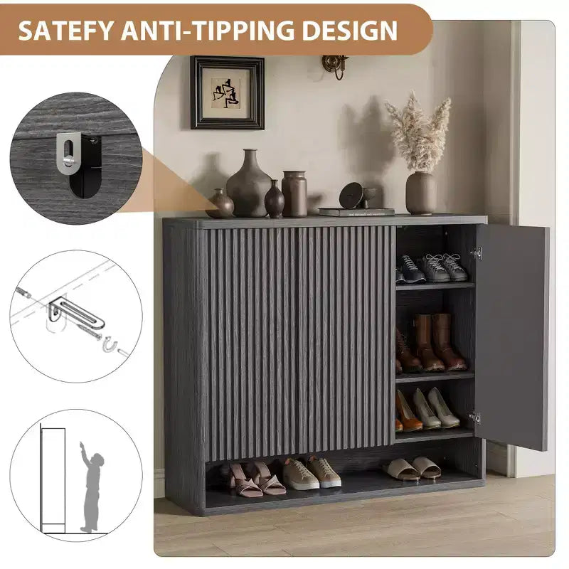 46 Large Shoe Storage Cabinet with Fluted Door & Adjustable Shelves, Holds 30-35 Pairs, Wooden Entryway Shoe Organizer for Living Room