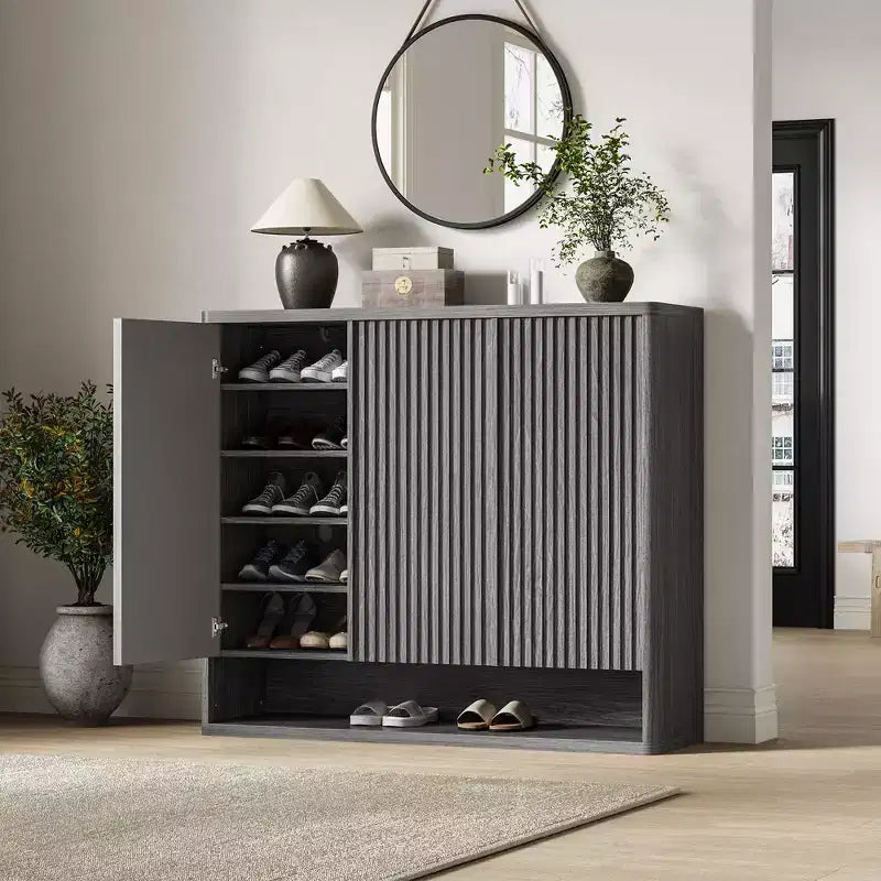 46 Large Shoe Storage Cabinet with Fluted Door & Adjustable Shelves, Holds 30-35 Pairs, Wooden Entryway Shoe Organizer for Living Room