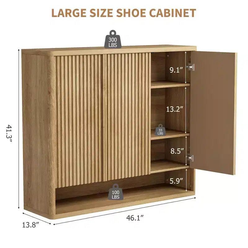 46 Large Shoe Storage Cabinet with Fluted Door & Adjustable Shelves, Holds 30-35 Pairs, Wooden Entryway Shoe Organizer for Living Room