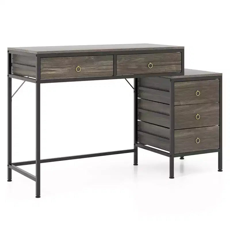 Costway Computer Desk with 5 Drawers, Side File Cabinet, Heavy-duty Metal Frame for Office Rustic Brown/Gray/White & Black