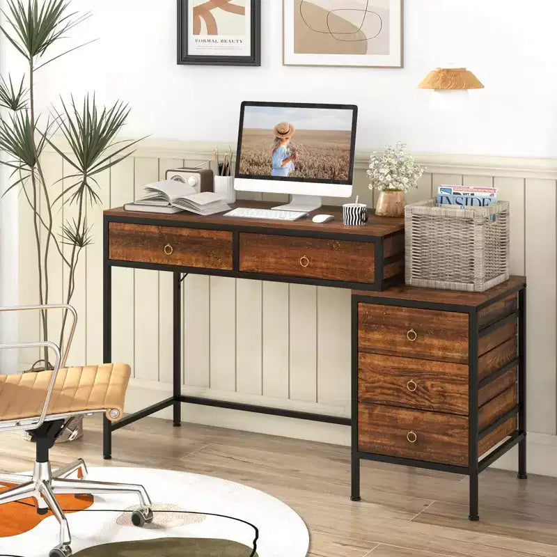 Costway Computer Desk with 5 Drawers, Side File Cabinet, Heavy-duty Metal Frame for Office Rustic Brown/Gray/White & Black