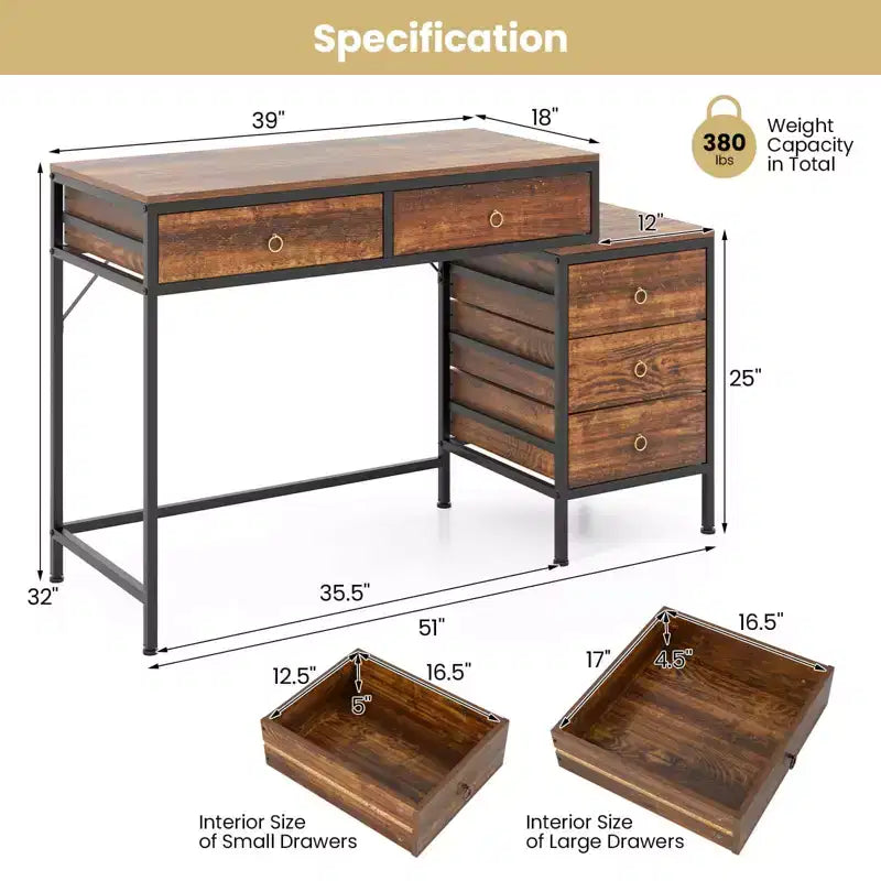 Costway Computer Desk with 5 Drawers, Side File Cabinet, Heavy-duty Metal Frame for Office Rustic Brown/Gray/White & Black