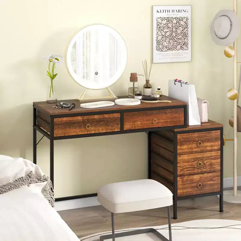 Costway Computer Desk with 5 Drawers, Side File Cabinet, Heavy-duty Metal Frame for Office Rustic Brown/Gray/White & Black