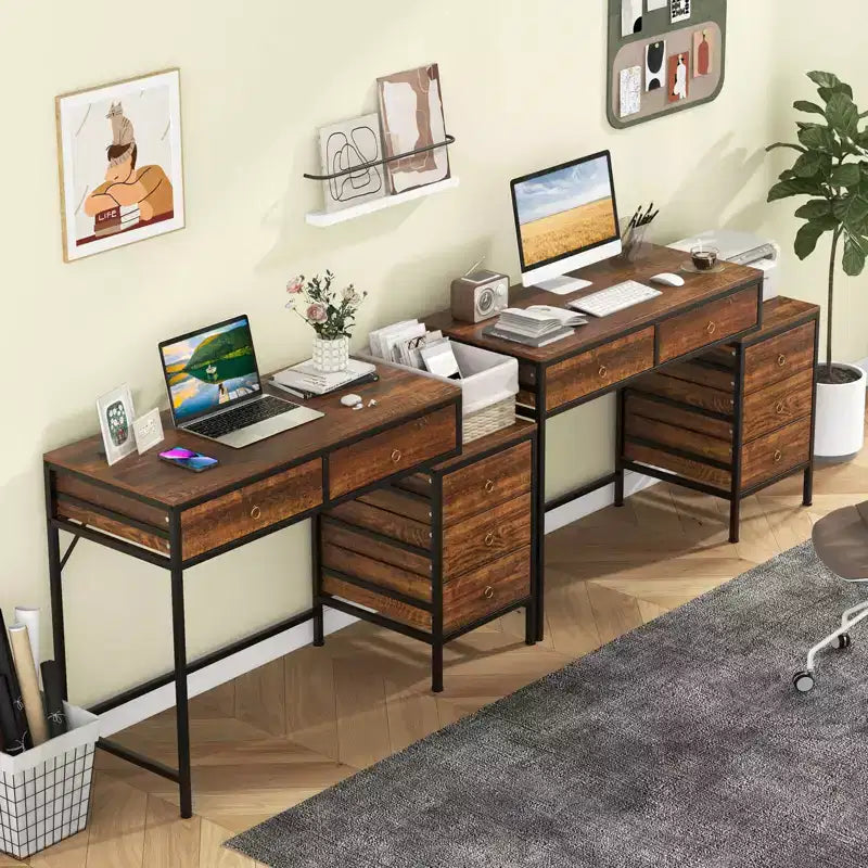 Costway Computer Desk with 5 Drawers, Side File Cabinet, Heavy-duty Metal Frame for Office Rustic Brown/Gray/White & Black