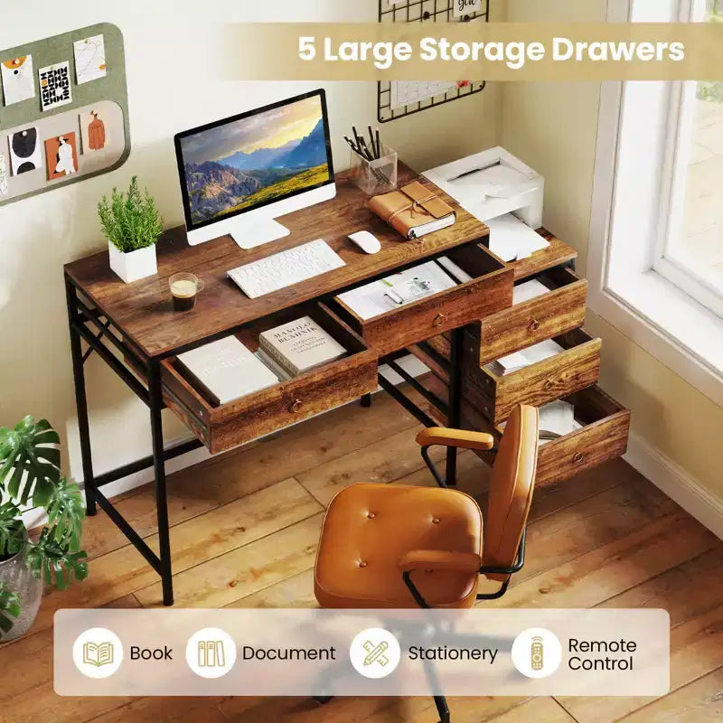Costway Computer Desk with 5 Drawers, Side File Cabinet, Heavy-duty Metal Frame for Office Rustic Brown/Gray/White & Black