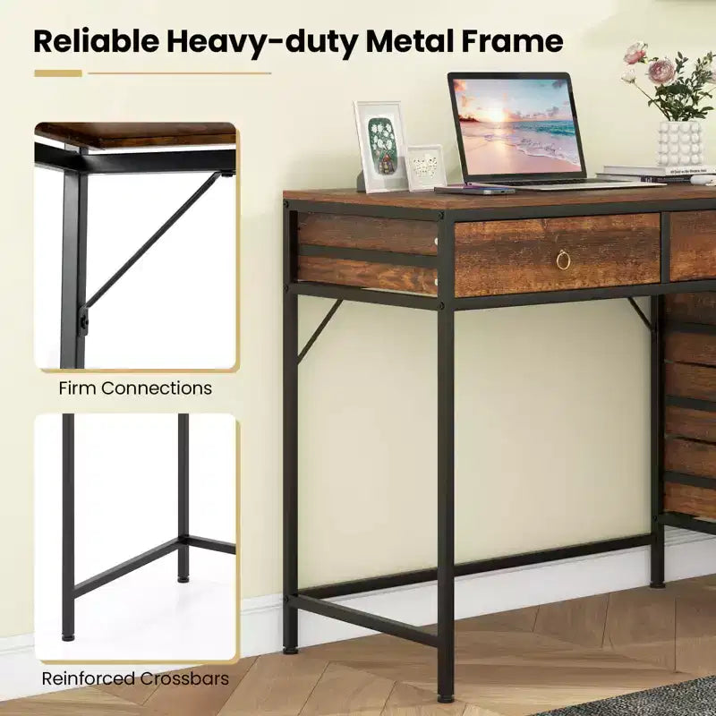 Costway Computer Desk with 5 Drawers, Side File Cabinet, Heavy-duty Metal Frame for Office Rustic Brown/Gray/White & Black
