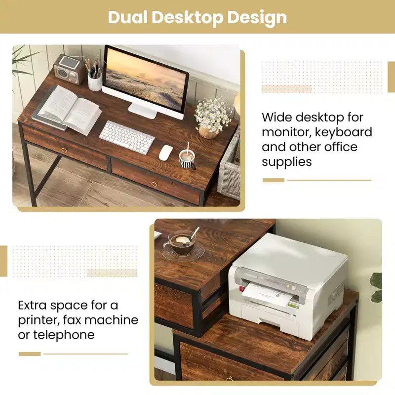 Costway Computer Desk with 5 Drawers, Side File Cabinet, Heavy-duty Metal Frame for Office Rustic Brown/Gray/White & Black
