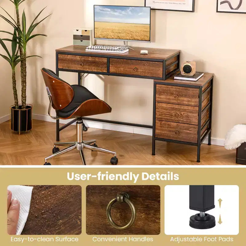 Costway Computer Desk with 5 Drawers, Side File Cabinet, Heavy-duty Metal Frame for Office Rustic Brown/Gray/White & Black
