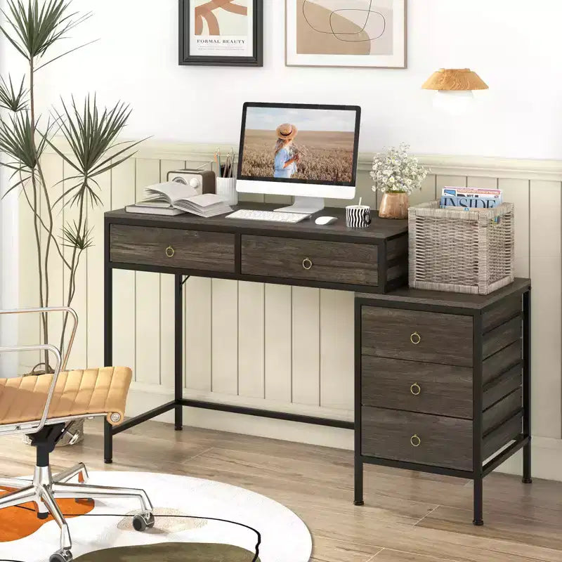 Costway Computer Desk with 5 Drawers, Side File Cabinet, Heavy-duty Metal Frame for Office Rustic Brown/Gray/White & Black