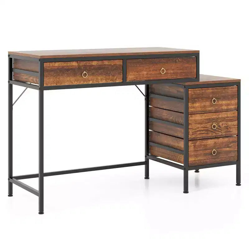 Costway Computer Desk with 5 Drawers, Side File Cabinet, Heavy-duty Metal Frame for Office Rustic Brown/Gray/White & Black