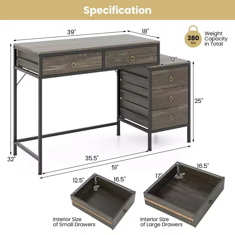 Costway Computer Desk with 5 Drawers, Side File Cabinet, Heavy-duty Metal Frame for Office Rustic Brown/Gray/White & Black