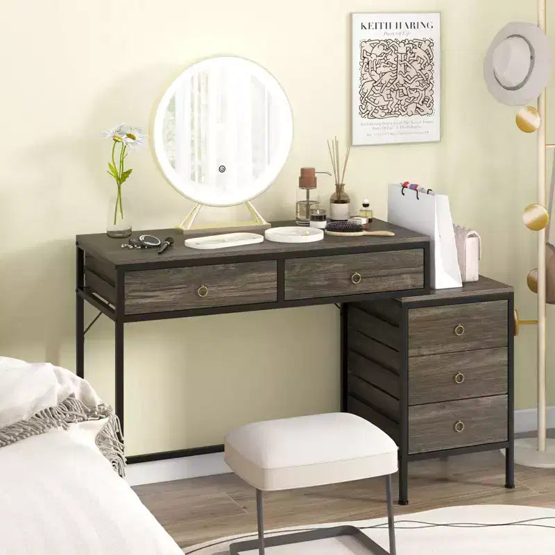 Costway Computer Desk with 5 Drawers, Side File Cabinet, Heavy-duty Metal Frame for Office Rustic Brown/Gray/White & Black