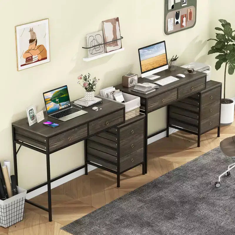Costway Computer Desk with 5 Drawers, Side File Cabinet, Heavy-duty Metal Frame for Office Rustic Brown/Gray/White & Black