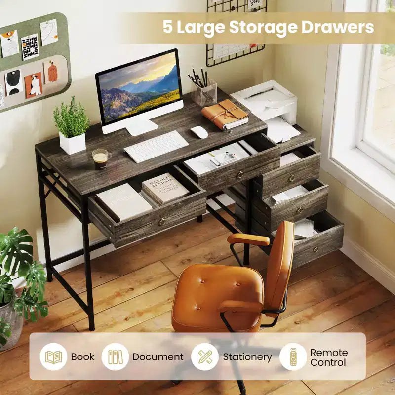 Costway Computer Desk with 5 Drawers, Side File Cabinet, Heavy-duty Metal Frame for Office Rustic Brown/Gray/White & Black