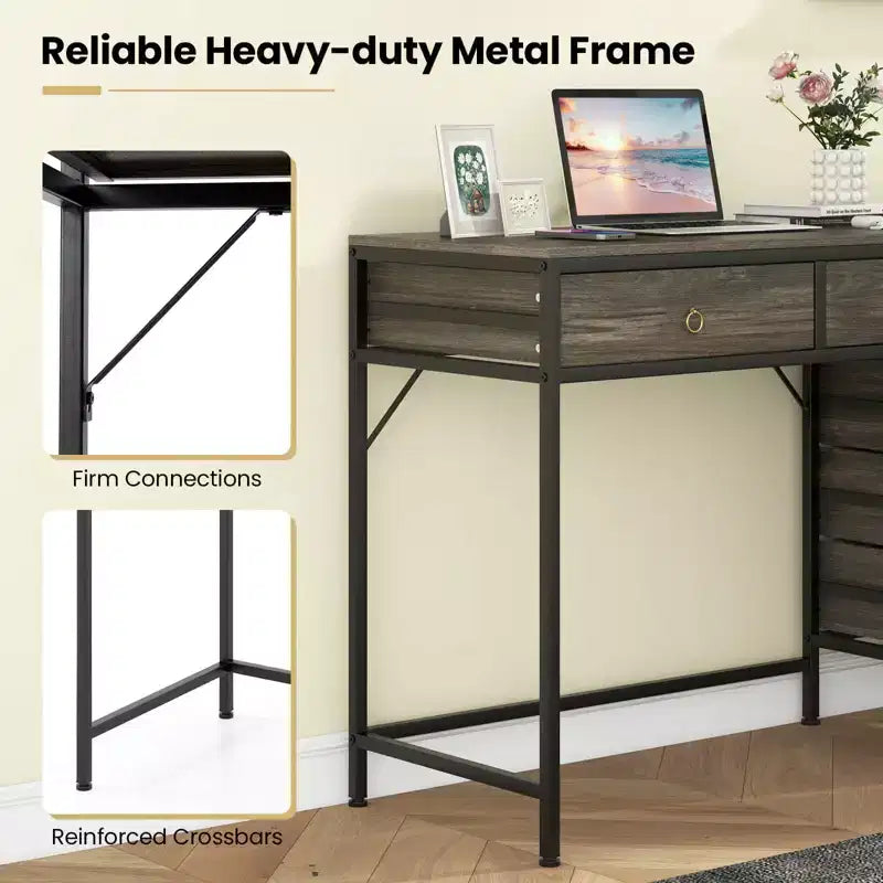 Costway Computer Desk with 5 Drawers, Side File Cabinet, Heavy-duty Metal Frame for Office Rustic Brown/Gray/White & Black